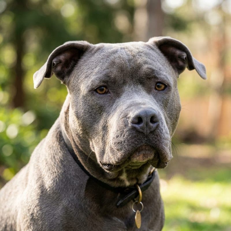 American Bully with a dilute blue-grey coat and grey nose, natural ears