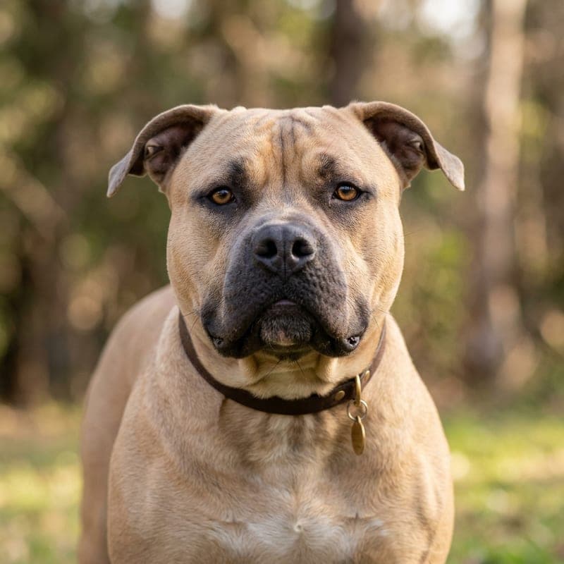 American Bully with a fawn tan coat and dark muzzle, natural ears