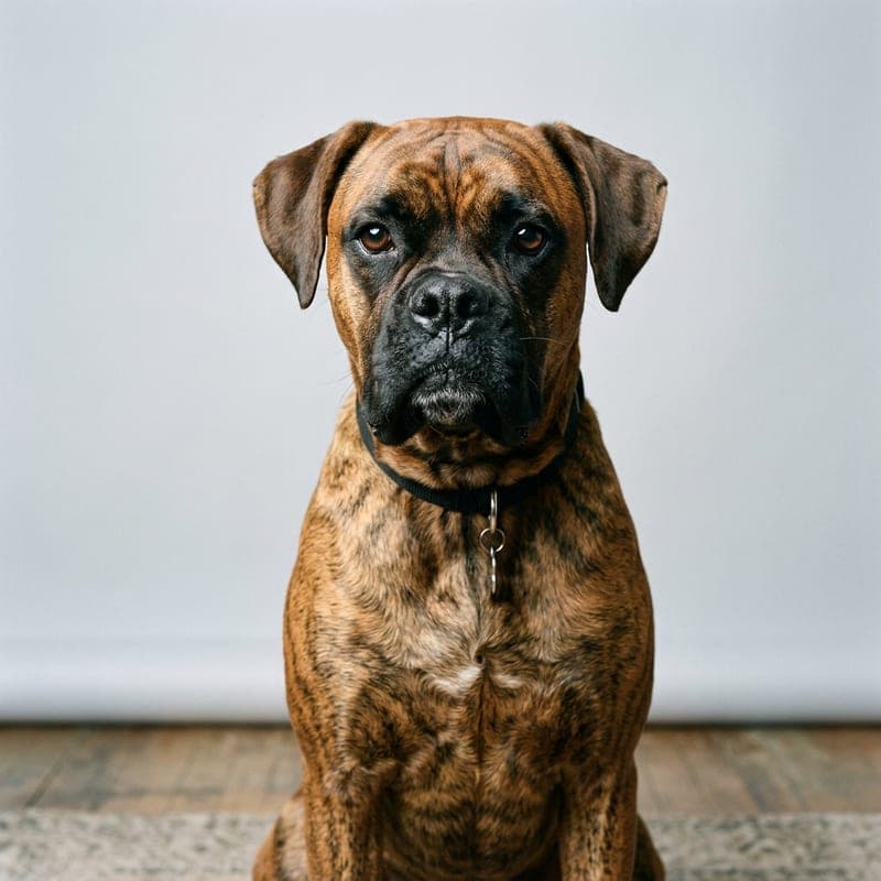 A brindle Boxer with dark striping over a fawn coat