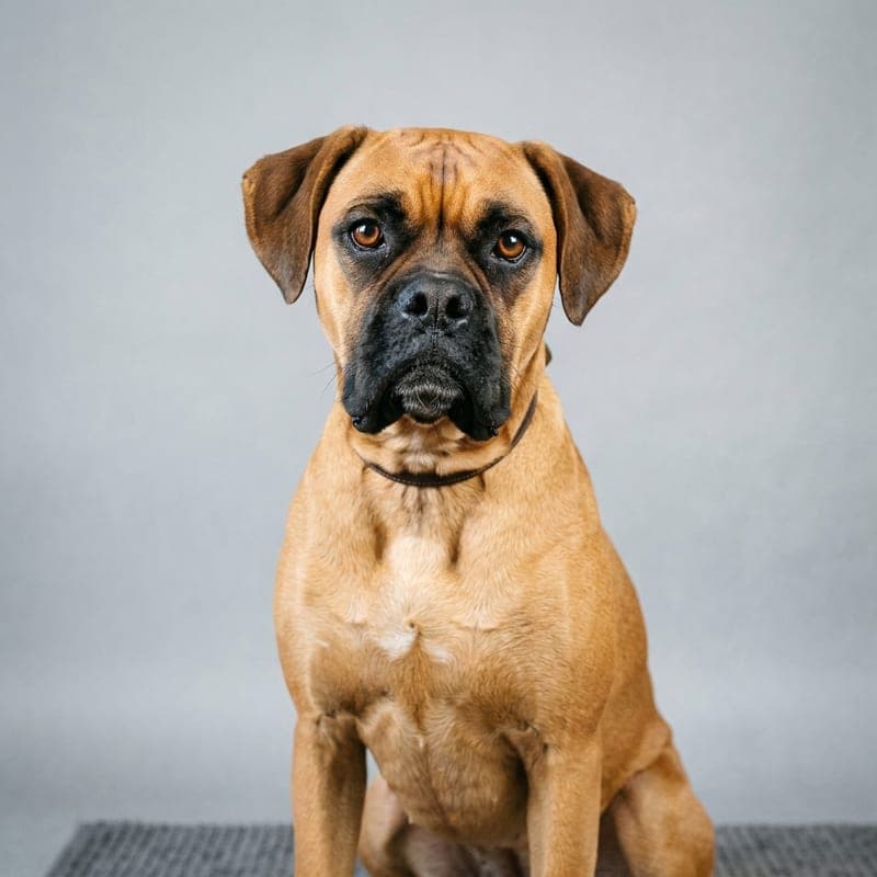 A fawn Boxer with a black mask