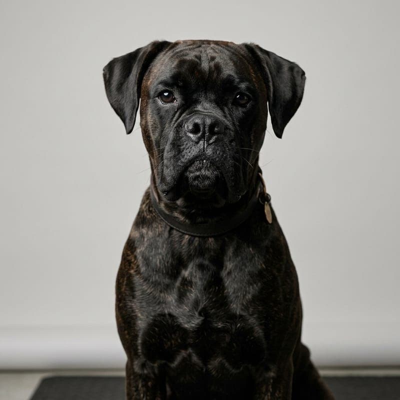 A reverse-brindle Boxer whose dense striping looks almost black
