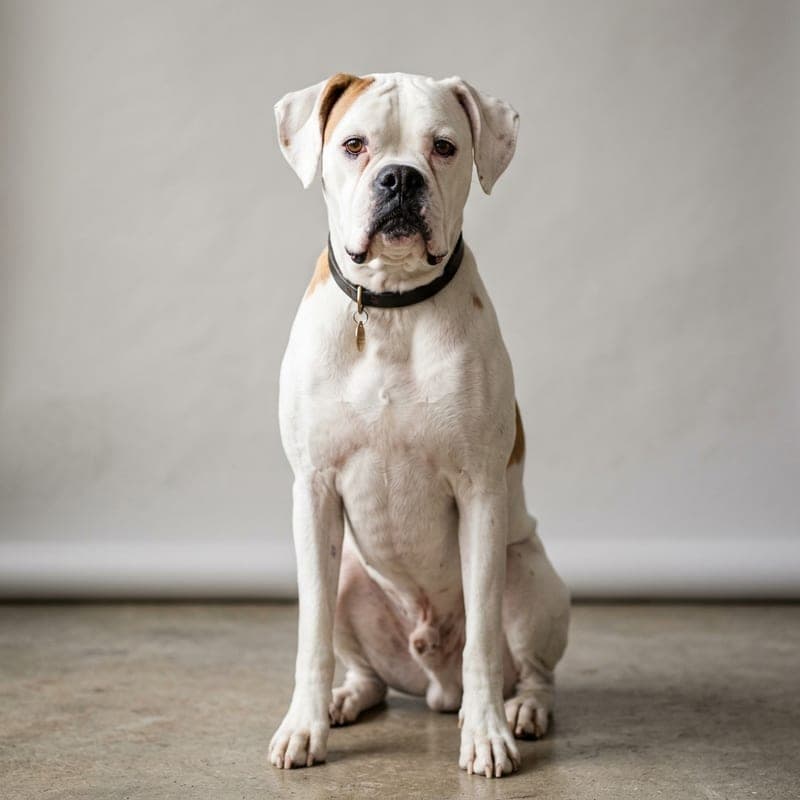 A white Boxer with dark eyes and a dark nose, not albino