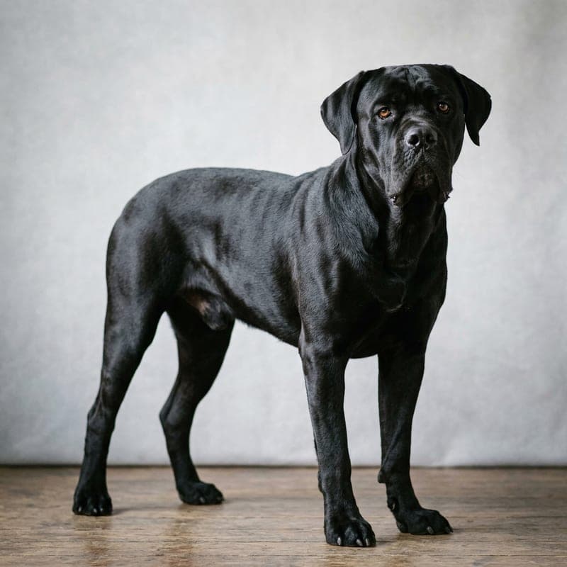 Adult black Cane Corso with natural ears, showing the powerful muscular mastiff build