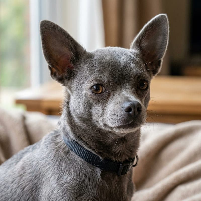Adult blue dilute steel-grey Chihuahua with large erect ears