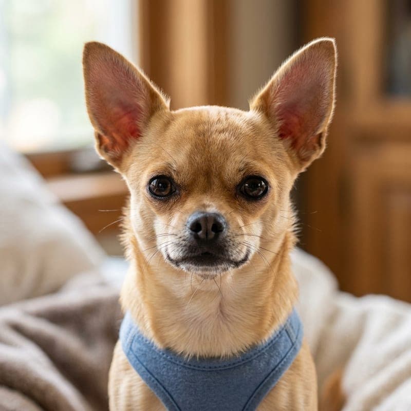 Adult fawn Chihuahua with a smooth tan-gold coat and large erect ears
