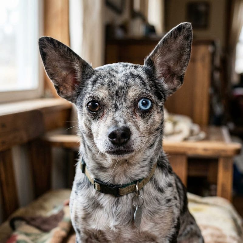 Adult merle Chihuahua with a marbled grey-and-black coat and one blue eye