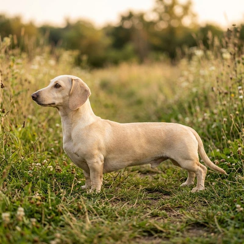 Adult smooth-coated Standard Dachshund with an English Cream coat (pale wheaten / blonde)