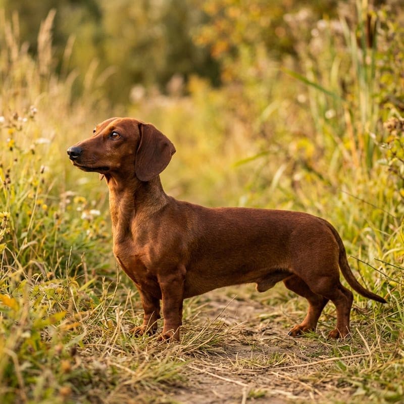 Adult smooth-coated Standard Dachshund with a solid red coat, showing the breed's long low body and short legs