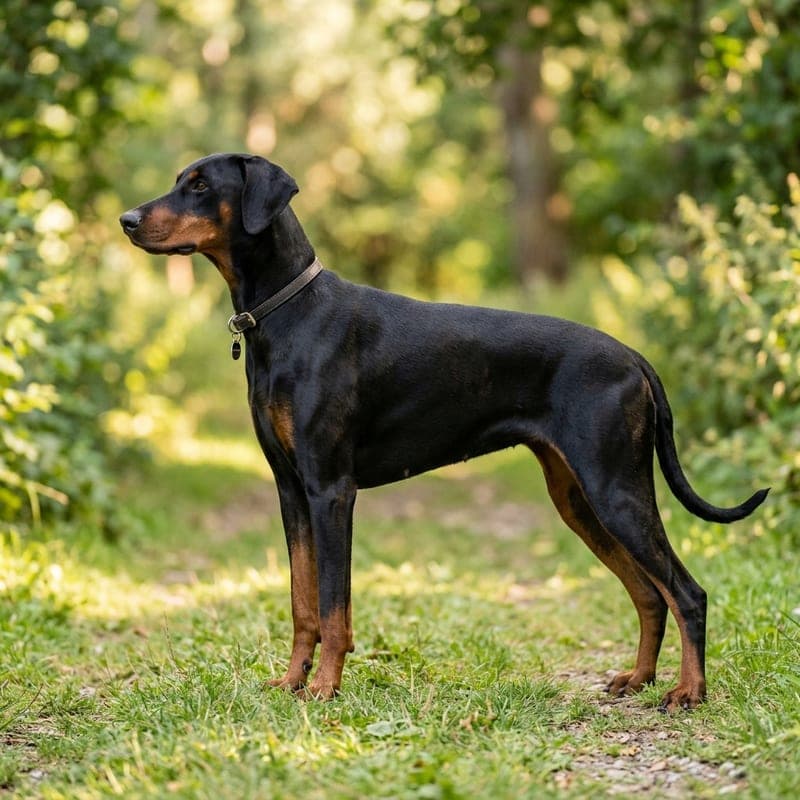 Adult American show-line Doberman with a sleek, elegant, refined build, longer narrower head, natural uncropped ears, glossy black-and-rust coat, standing outdoors