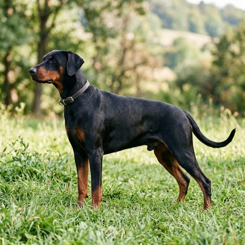 Adult European working-line Doberman with a heavier, compact, muscular build, blocky head, natural uncropped ears and natural tail, black-and-rust coat, standing outdoors