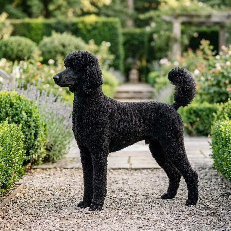Adult Standard Poodle with a solid jet-black curly coat in sport clip, showing the breed's square elegant build