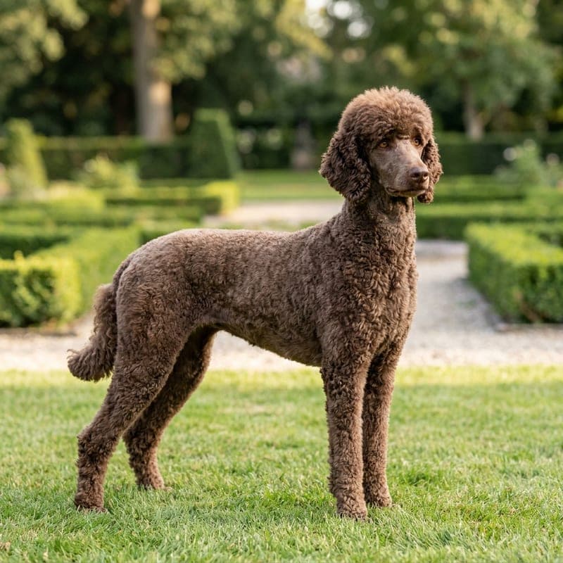 Adult Standard Poodle with a rich brown chocolate curly coat and liver nose