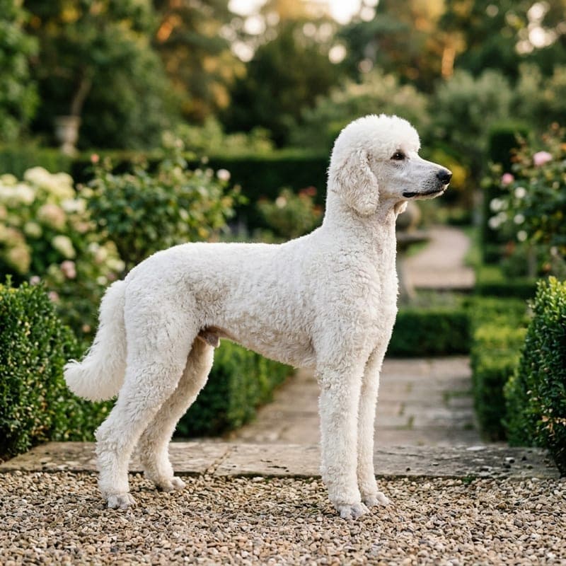 Adult Standard Poodle with a clean pure white curly coat and dark eyes