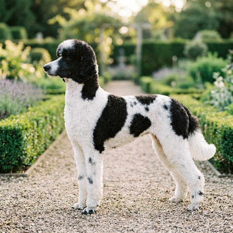 Adult Standard Poodle with the parti coat pattern: large patches of white and black across the body
