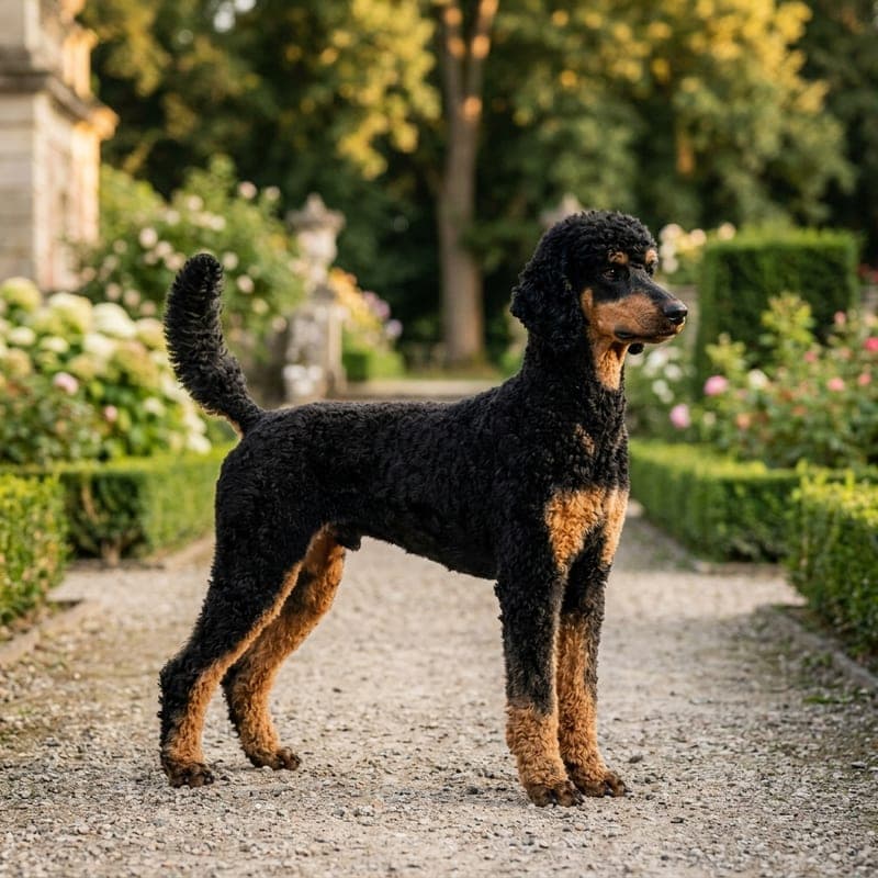 Adult Standard Poodle with the phantom coat pattern: black base with tan points above eyes, on cheeks, chest, and lower legs