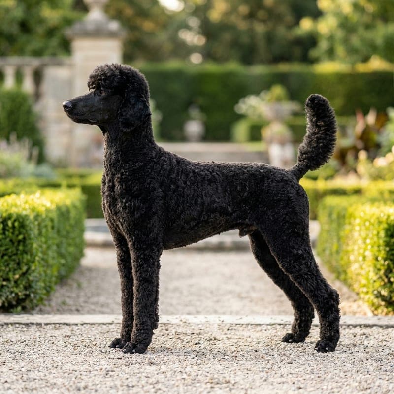Adult Standard Poodle in solid black, the largest of the three Poodle sizes at 50 to 70 pounds