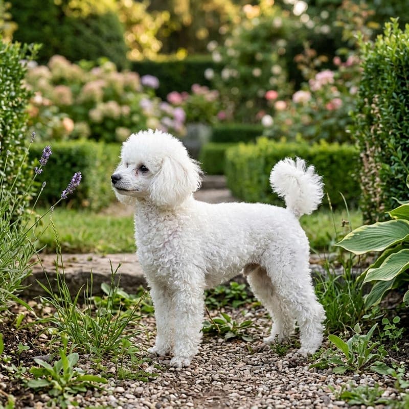 Adult Toy Poodle in pure white, the smallest of the three Poodle sizes at under 10 inches at the shoulder