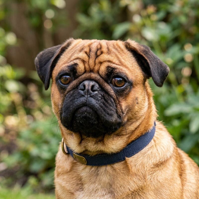 Apricot Pug with a warm reddish-fawn coat and black mask