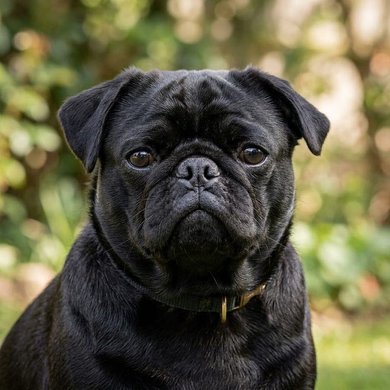 Solid black Pug with a glossy black coat and deep wrinkles