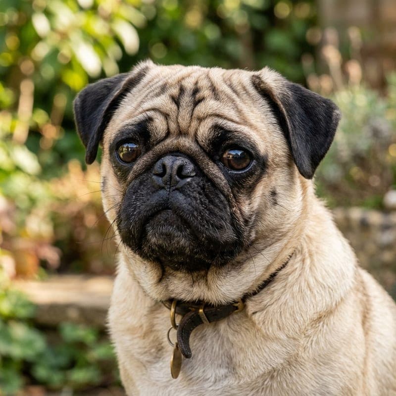 Fawn Pug with a black mask and deep facial wrinkles