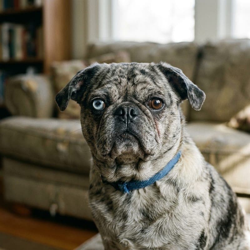 Non-standard merle Pug with a mottled grey-and-black coat and one blue eye