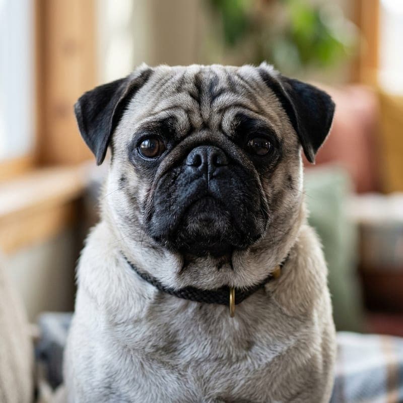 Silver Pug with a cool grey-fawn coat and black mask