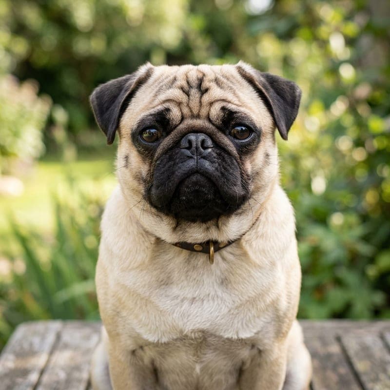 Typical flat-faced Pug with a very short muzzle and deep facial wrinkles, fawn coat with a black mask, sitting outdoors