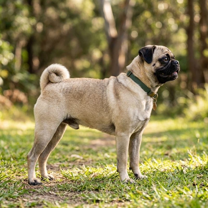 Healthy moderate-conformation Pug with a slightly longer muzzle and open nostrils, fawn coat, fit body, standing outdoors