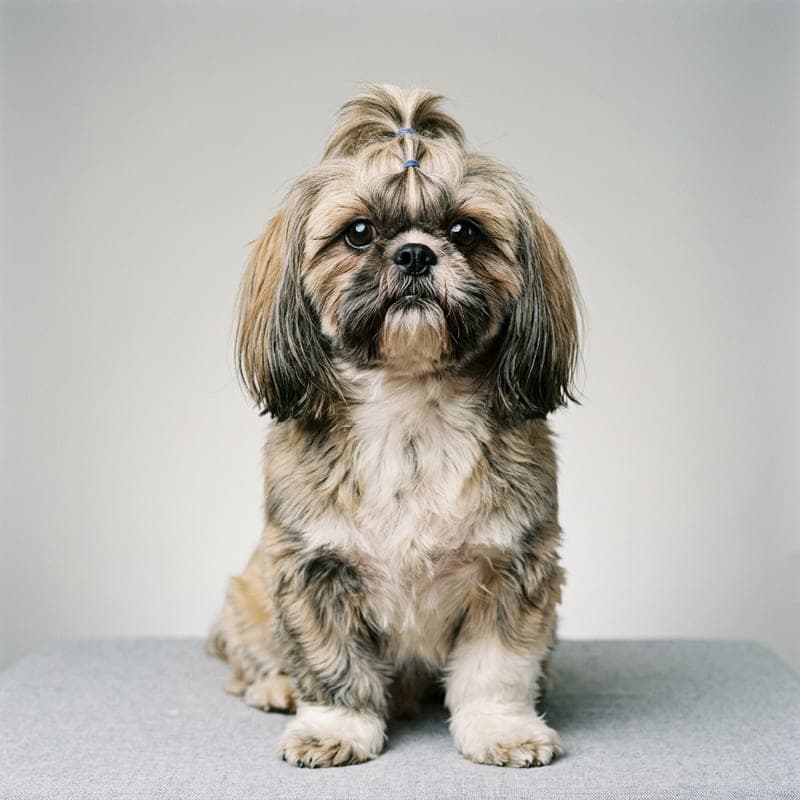 A brindle-and-white Shih Tzu