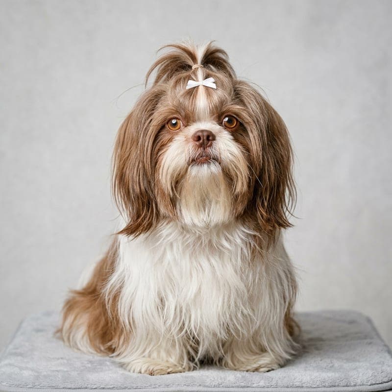 A liver-and-white Shih Tzu with a brown nose