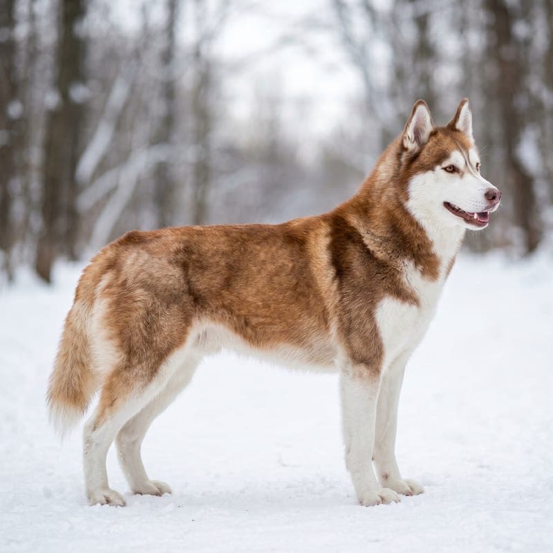 Adult pet-line Siberian Husky standing in snow, showing the moderate balanced build of family-companion stock