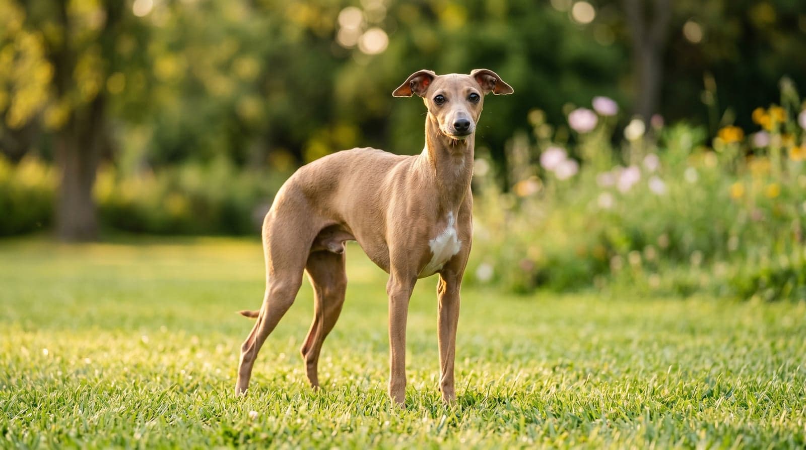 Adult fawn Italian Greyhound standing on a sunlit lawn, the underrated apartment-sized sighthound pick