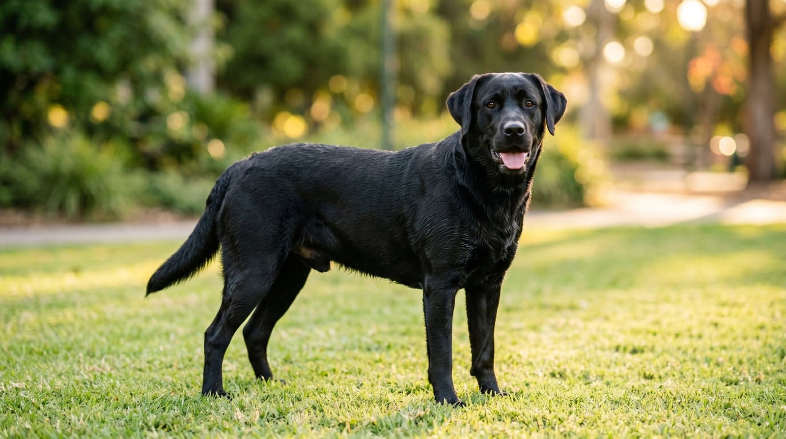 Adult black Labrador Retriever standing on a sunlit lawn, illustrating the kind of legitimate breed photo a real seller can provide on a live video call