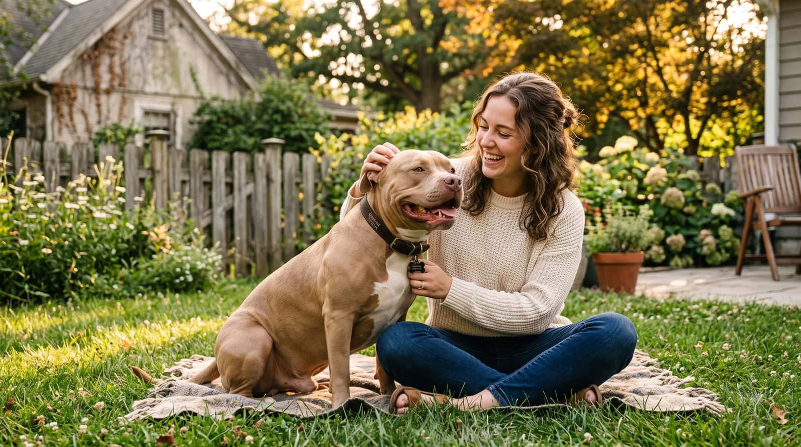 A cheerful young American Bully sitting beside a smiling owner on a sunlit backyard lawn