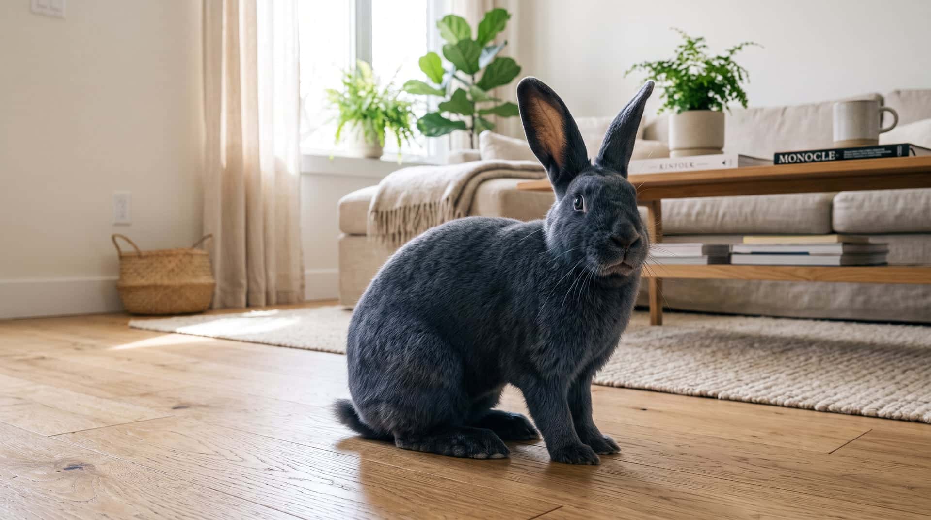 A young American Blue rabbit sitting alert on a hardwood floor in a bright living room