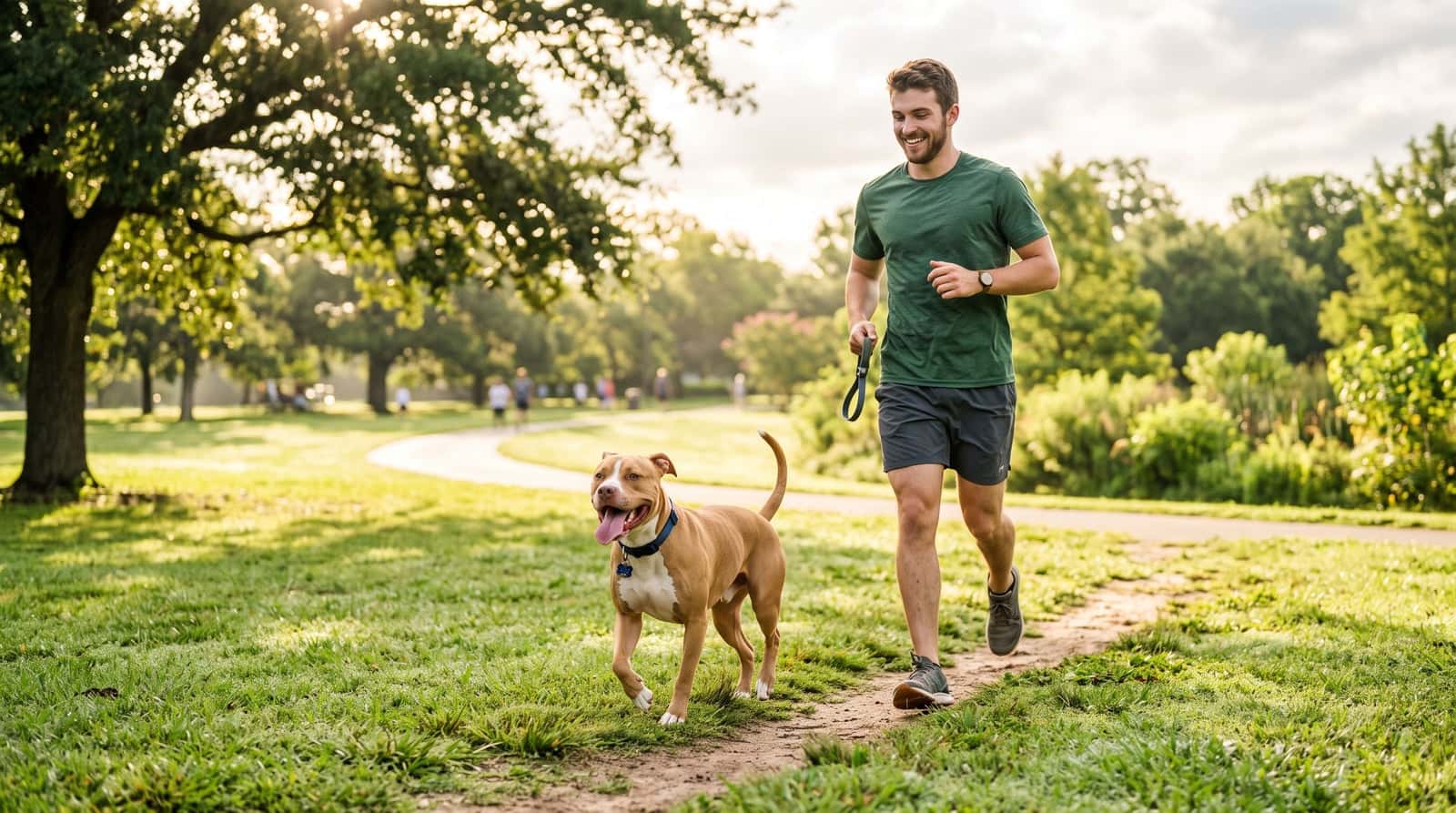 A happy athletic American Pit Bull Terrier trotting beside its owner in a sunlit park