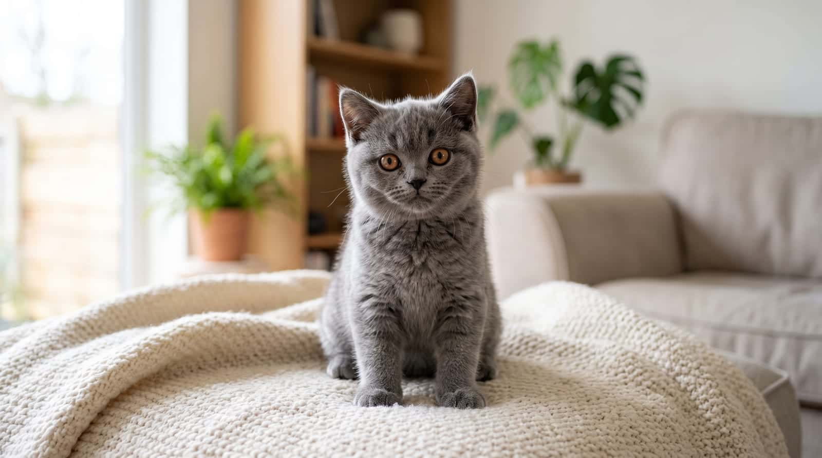 A young blue British Shorthair kitten sitting on a cream blanket