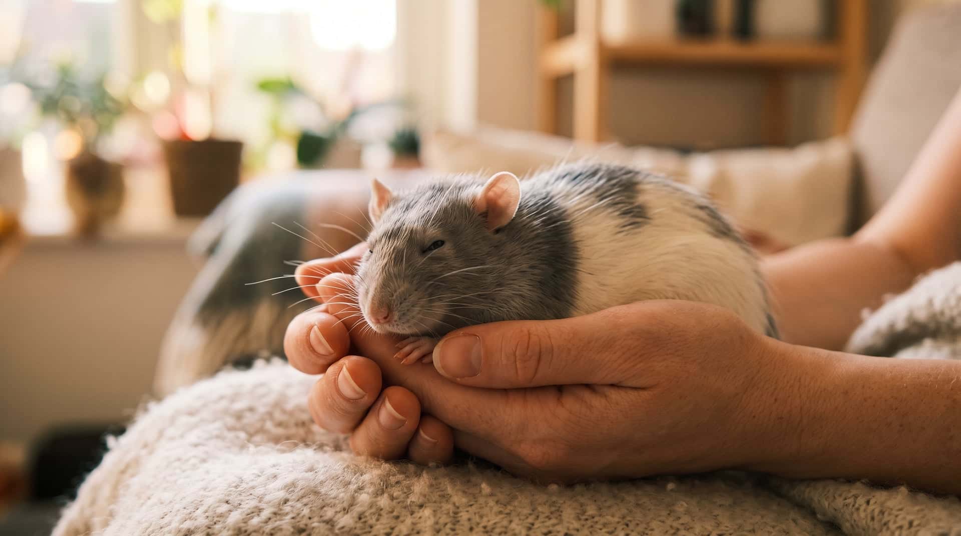 Calm adult grey-and-white pet rat resting in gently cupped human hands in warm evening light