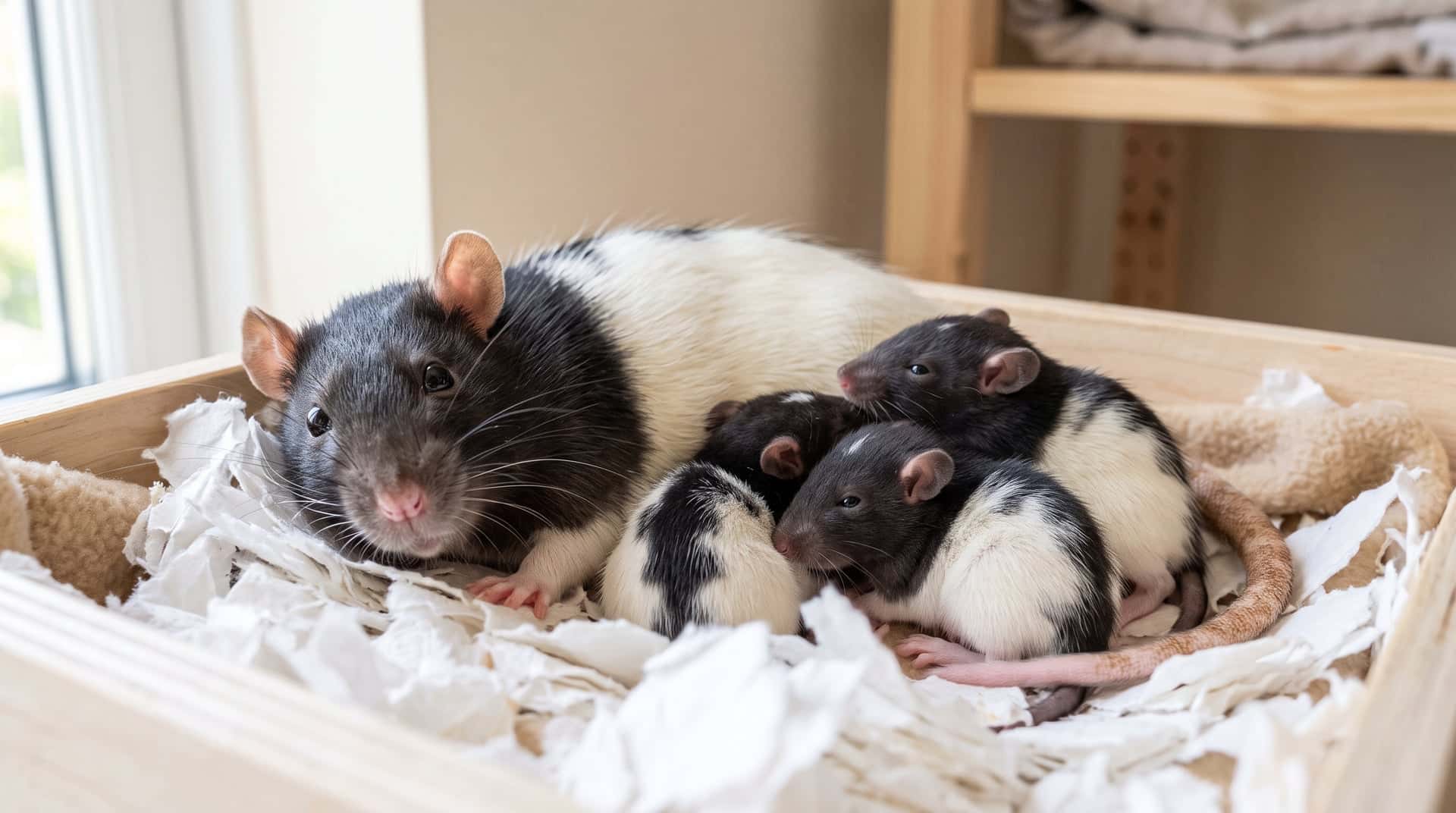 Grey-and-white pet rat doe resting in a clean nest of shredded paper bedding with three fully furred pups nestled against her side