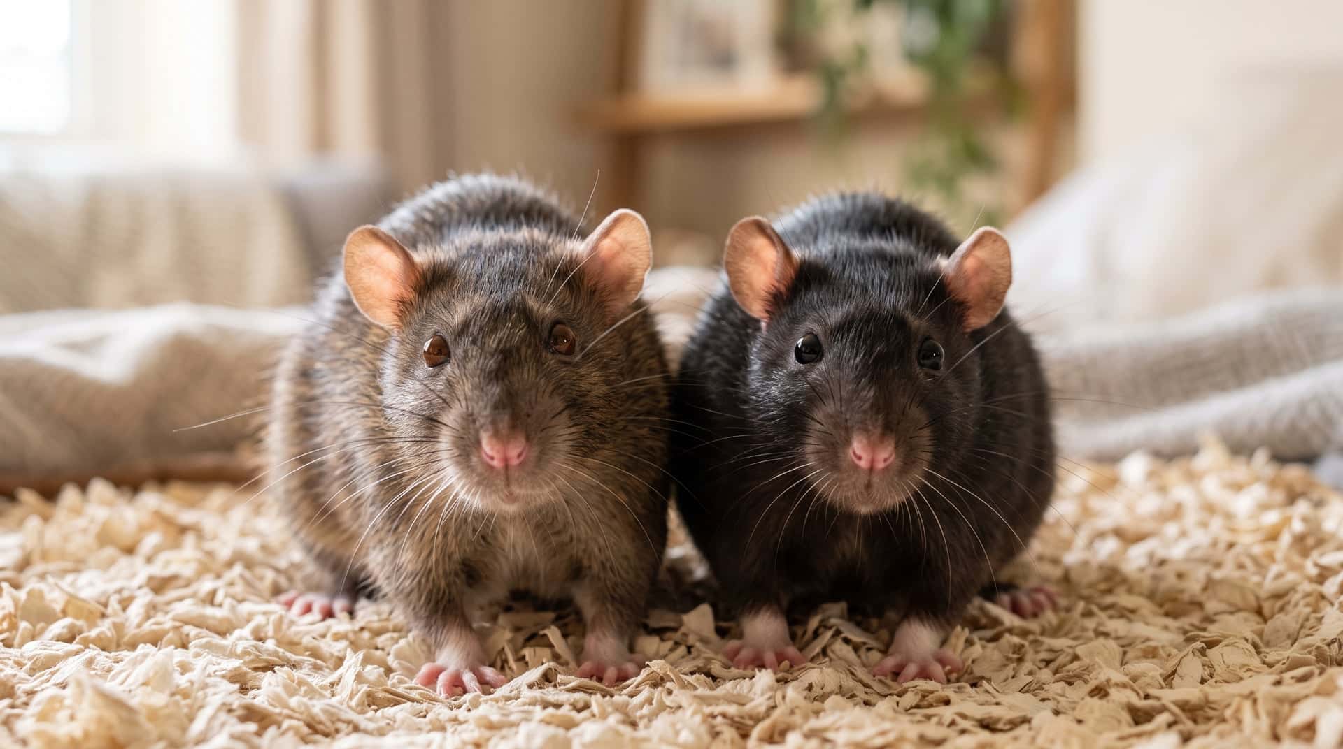 Two young pet rats, one agouti and one black, sitting alert on light wood shavings with bright clear eyes and clean noses free of red staining