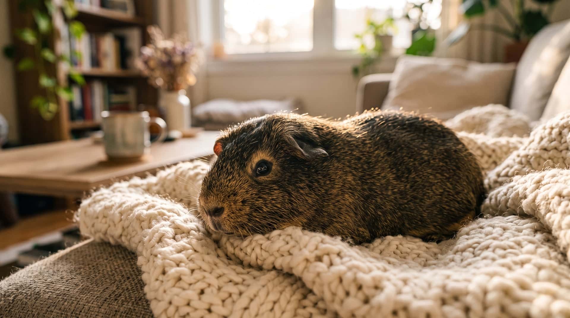 Relaxed adult agouti guinea pig settled on a cream knitted blanket on a sofa in warm evening light