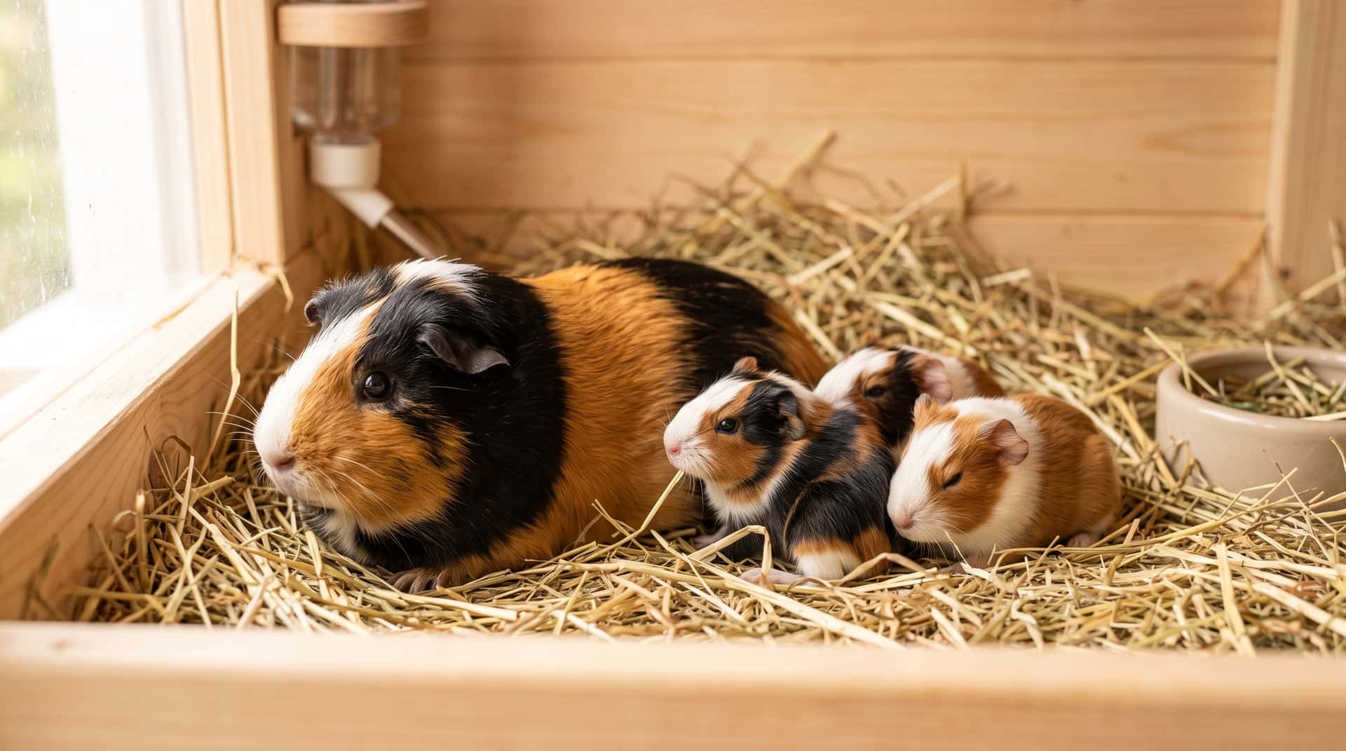 Tricolor American guinea pig sow resting on clean hay with three fully furred newborn pups huddled at her side