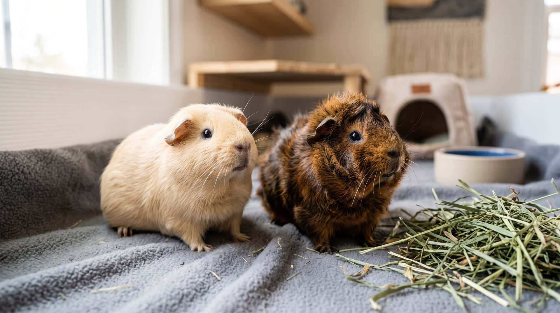 Young cream American guinea pig and red-and-black rosetted Abyssinian guinea pig sitting together on grey fleece beside fresh timothy hay