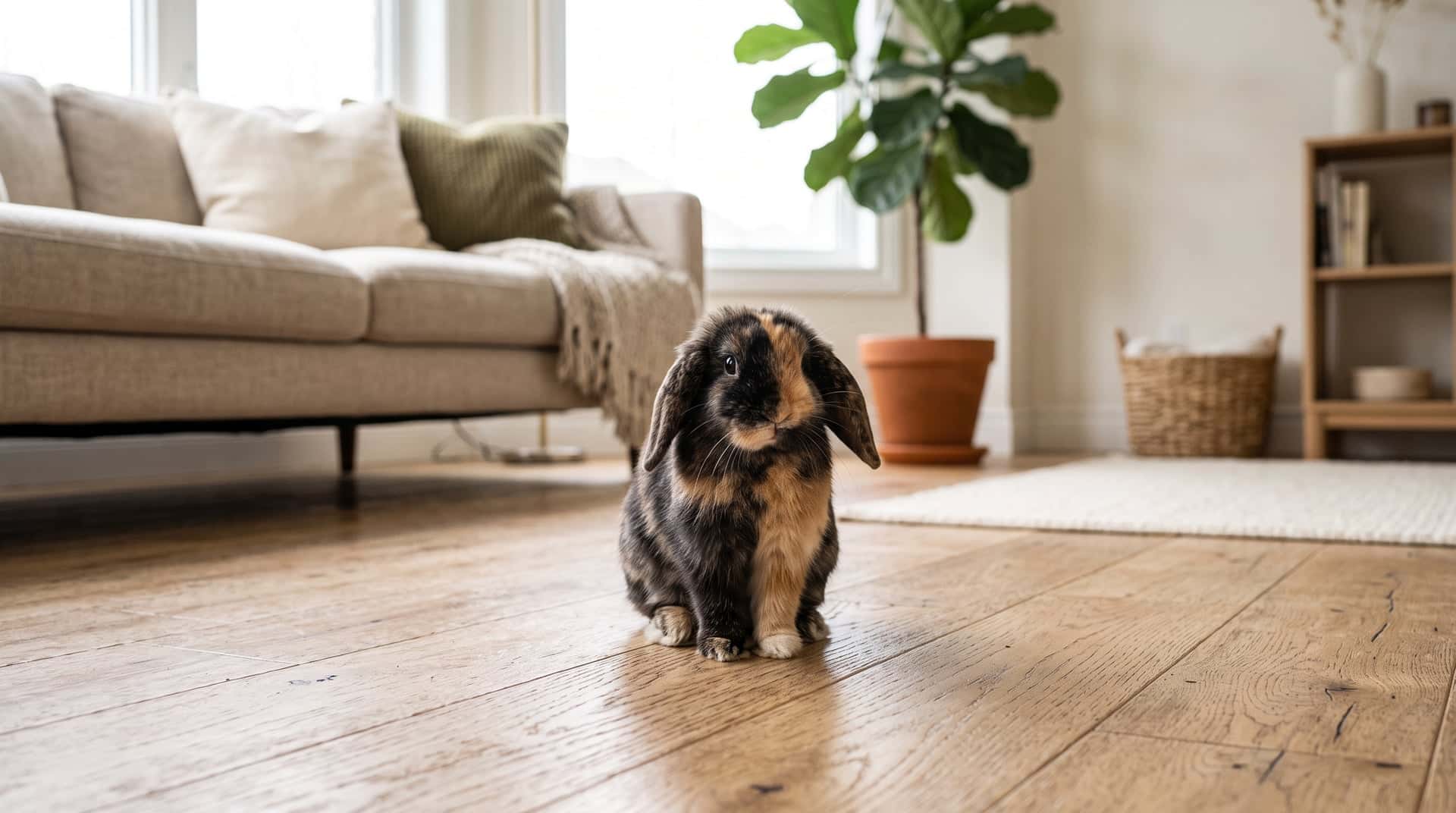 Young Holland Lop rabbit kit sitting alert on a wooden floor in a bright living room