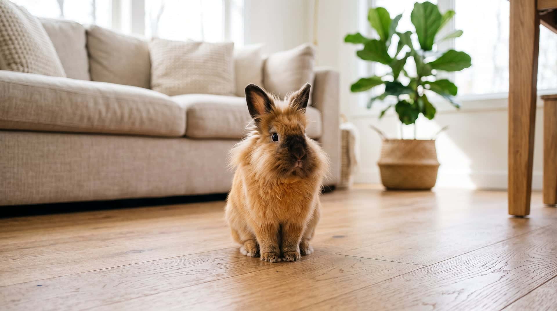 A young tortoise Lionhead rabbit with a full wool mane sitting alert on a living room floor