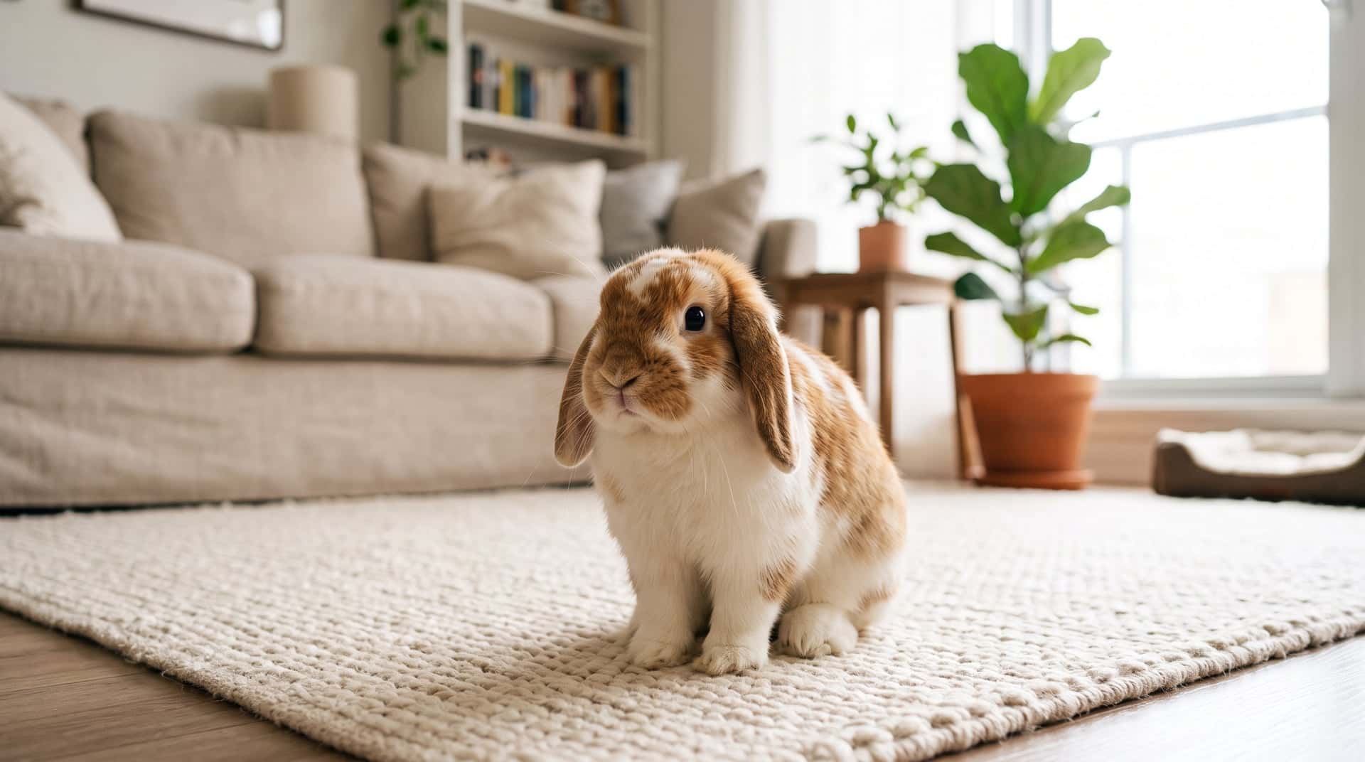 Young broken orange Mini Lop rabbit sitting alert on a cream rug in a bright living room