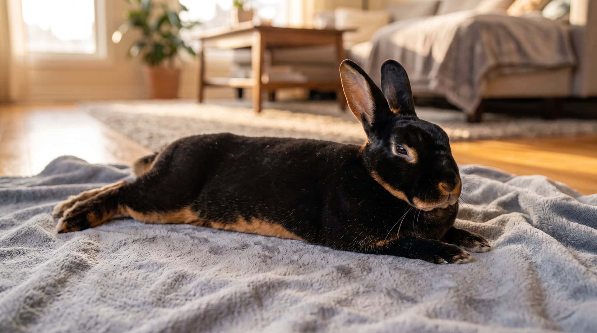 Adult black otter Mini Rex rabbit relaxing on a soft blanket in warm evening light