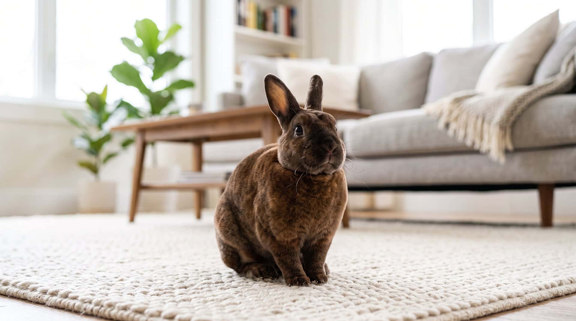 Young castor Mini Rex rabbit sitting alert on a cream rug in a bright living room