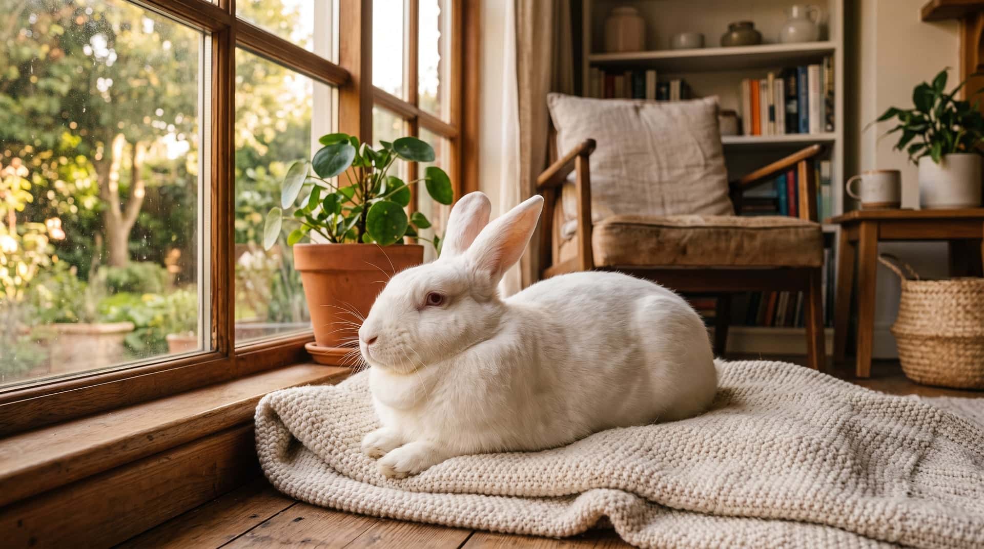 Adult ruby-eyed white New Zealand rabbit relaxing on a soft blanket by a window in warm evening light