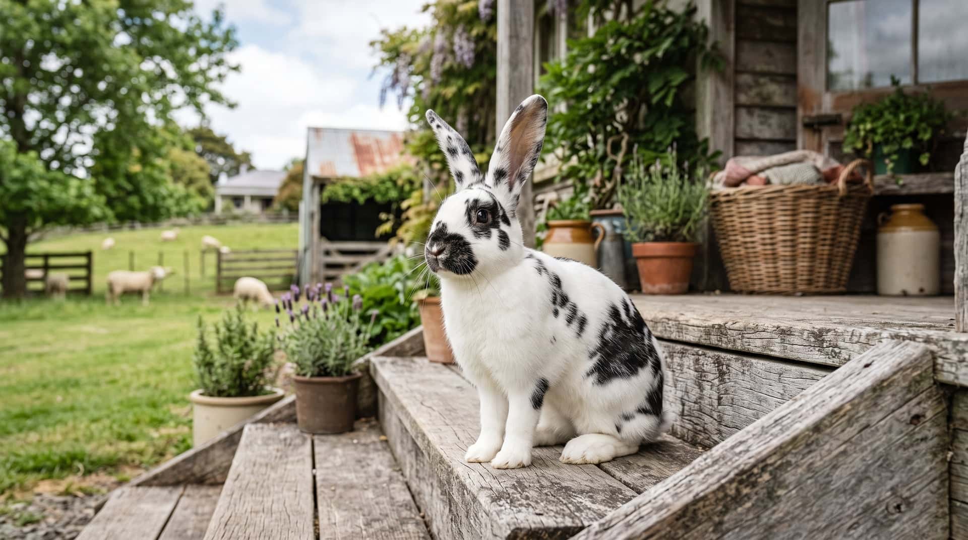 Young broken black New Zealand rabbit sitting alert on a wooden porch step in soft daylight